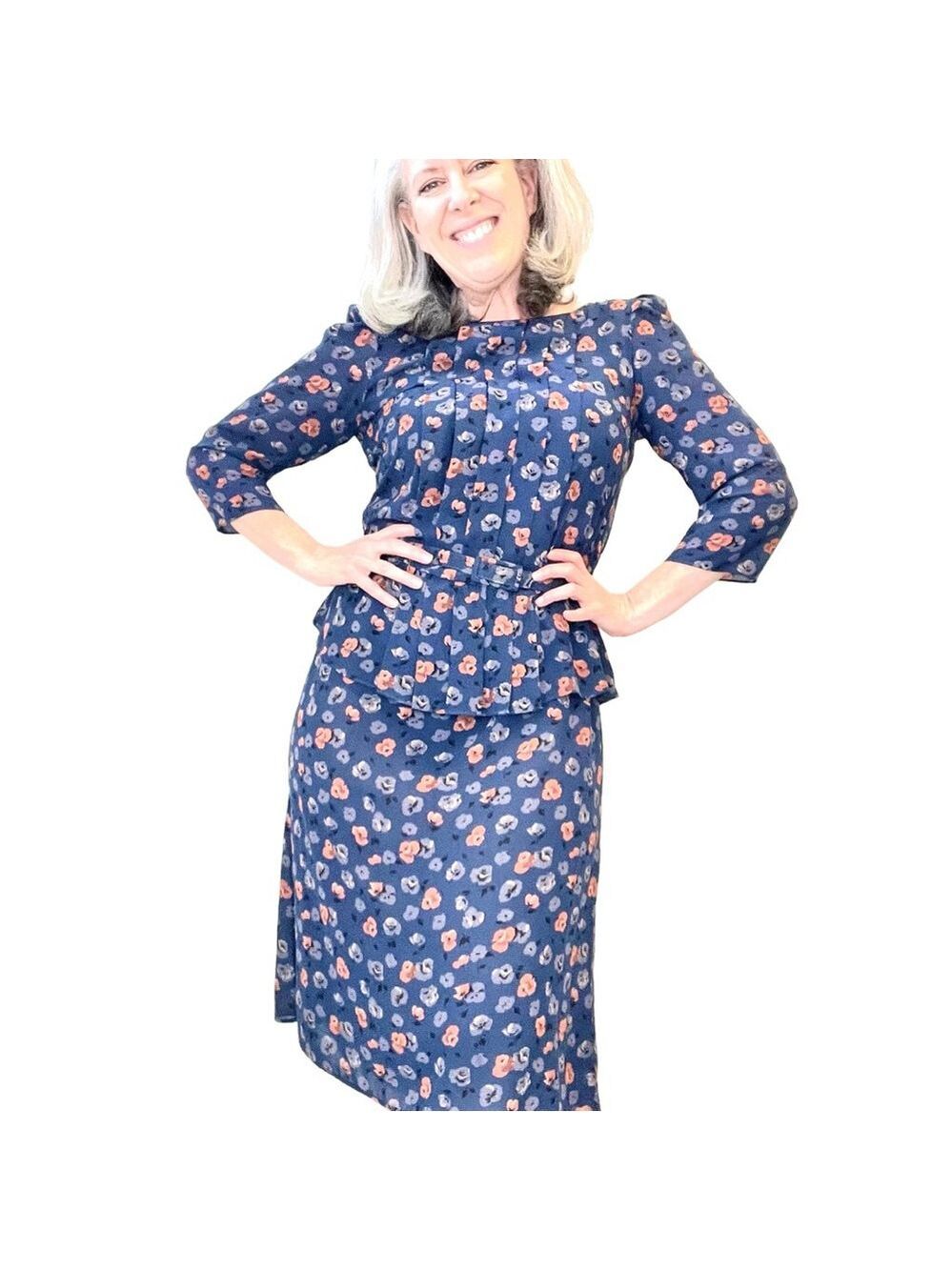 Vintage Orite 1980s Day Dress Teal Blue Floral Canadian Pleated Keyhole Peplum S